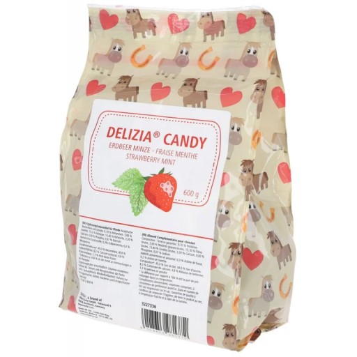 POCHRANKY PRE KONE lahôdky jahoda mäta KERBL Delizia Candy 600g