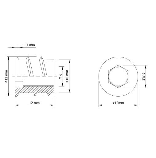 10x M6 x 12 mm nástrčná vložka, nábytková vložka do dreva, s imbusovým kľúčom 6