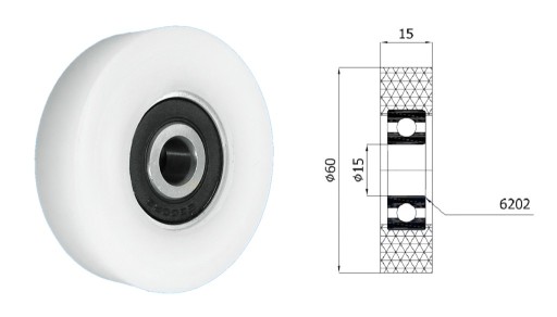 Plastový valček s ložiskom, priemer 60 mm, priemer 15 mm