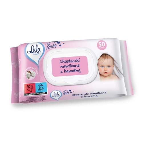 Vlhčené obrúsky s bavlnenými vrstvami lula baby. 50 ks.