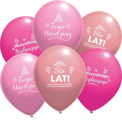 Latexové BIRTHDAY balóny Sto Lat, poľský nápis, ružové, 30 cm, 10 ks.