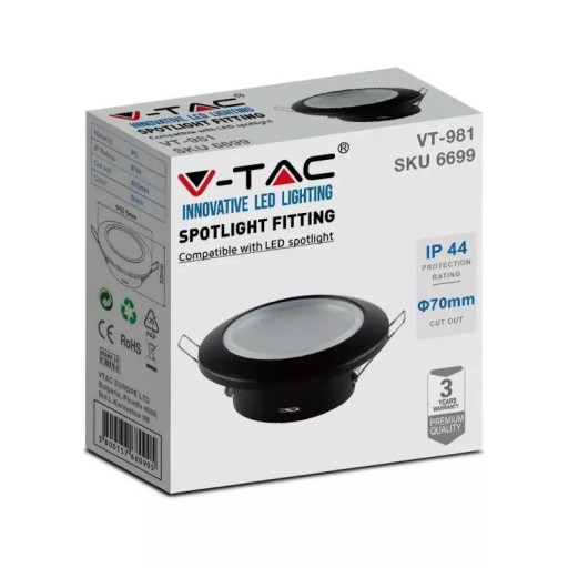 V-TAC GU10 Zapustené okrúhle tesné očko so sklom IP44 Čierna VT-981 3 L