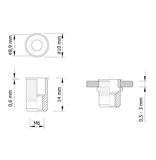 Drážkovaná nitovacia matica, mini kužeľ, M6 x 14 mm
