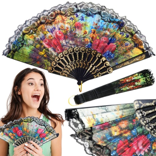VENTILÁTOR S ČIPKOU, SKLADACÍ NA HORÚCE LETO, DEKORATÍVNE ŠPANIELSKÉ VZORY, KVETY