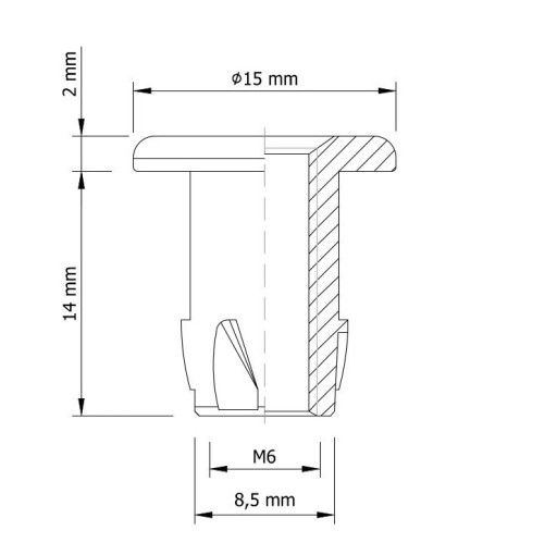 Zásuvka 10x M6 x 14 mm s golierom, tepaná nábytková vložka na drevo, nožičky