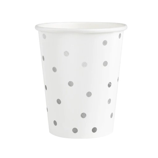 Jednorazové BIELE HRNČEKY so striebornými narodeninami DOTS