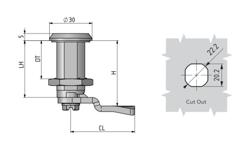 Trojuholníkový zámok 9mm, chróm, hrúbka dverí 20mm.