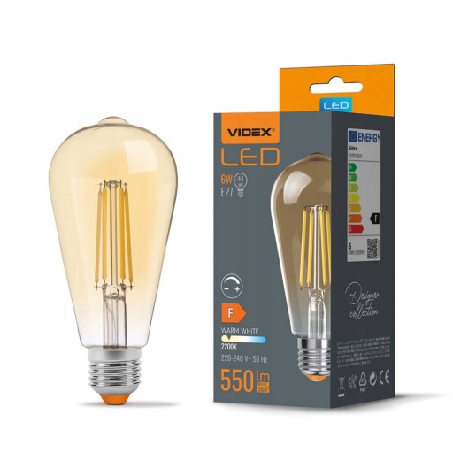 Videx Filament LED žiarovka, dekoratívna, E27, 6W, 550lm, stmievateľná