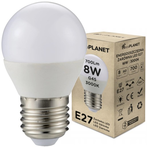 E27 G45 LED žiarovka 8W 705lm WARM guľa 3000K