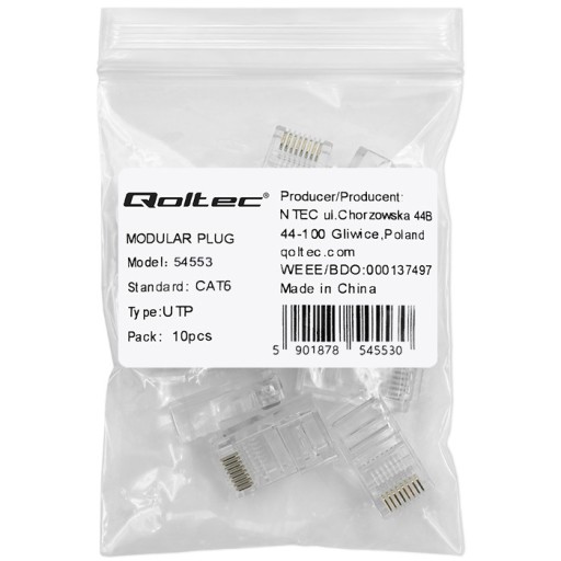 Qoltec Plug modulárny konektor RJ45 | CAT6 | UTP | Pozlátené kontakty | 10 kusov