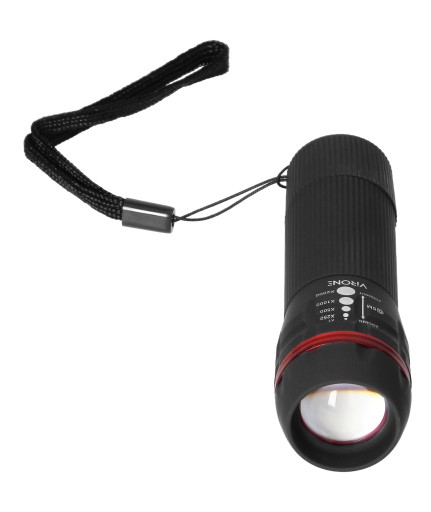 Virone Batériová ručná mini LED baterka 1W 60lm Zoom + Lanyard 30m Black