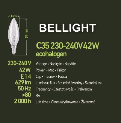 Halogénová žiarovka B35 E14 230V 42W=60W priehľadná