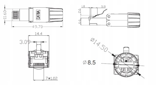 RJ45 cat.6A STP FTP konektor, bez náradia, 10Gb POE+