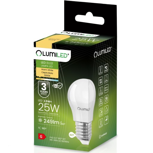 E27 P40 LED žiarovka 2,5W = 25W 249lm 3000K Teplá 180° LUMILED
