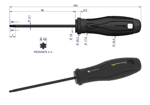 skrutkovač T10. 80 mm. SVCM oceľ. Waryński