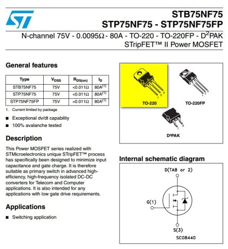 2ks STP75NF75 P75NF75 MOSFET 75V 70A TRANSISTOR
