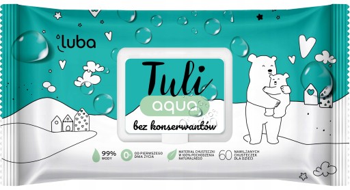 Vlhčené obrúsky pre deti LUBA Tuli AQUA - 99% Voda - 60 listov