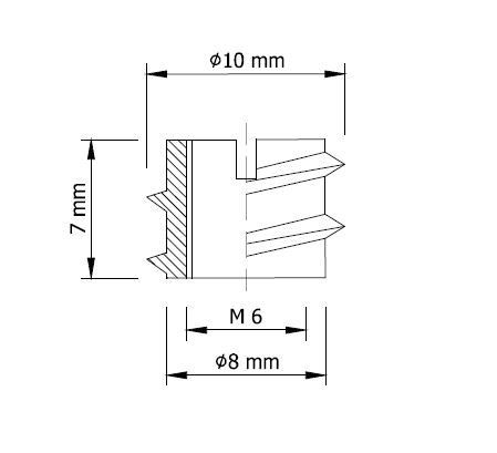 Nábytková vložka 10x M6 x 7 mm skrutkovaná do dreva, oceľová nábytková vložka so zárezom