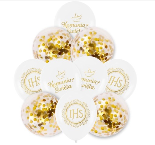 Latexové balóny Sväté prijímanie Holubica IHS zlatá s konfetami, 10 kusov