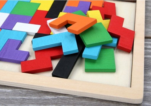 DREVENÉ BLOKY TETRIS PUZZLE 40 ELEM TANGRAM LOGICKÁ HERNÁ SADA