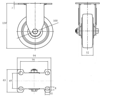 Gumové pevné kolieska na vozík, priemer 100 mm, 120 kg