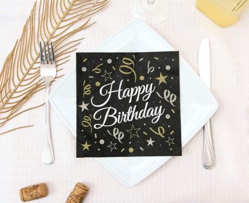 čierne obrúsky B&C Happy Birthday na narodeninovú oslavu