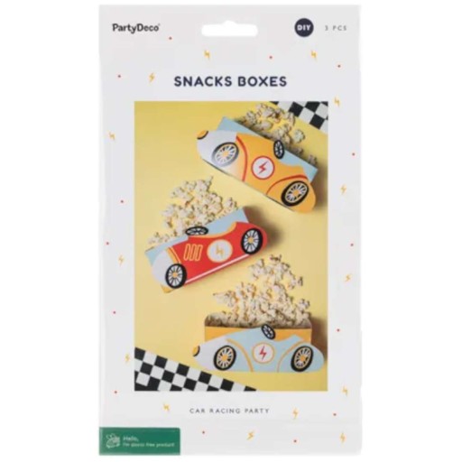 SNACK BOXY chrumky pretekárske autá autíčka farebné cukríky 3 ks