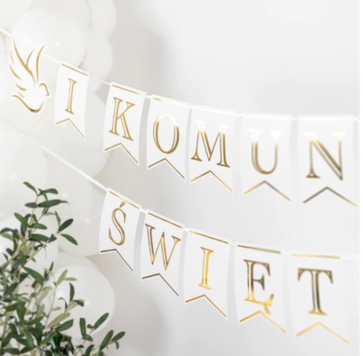 BANNER GIRLAND 1. SV. PRIJÍMANIE bielo-zlatá dekorácia holubica VP