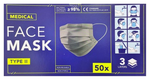 Ochranné lekárske masky, čierne, 50 ks, trojvrstvové, typ II CE, 17,5 x 9,5 cm
