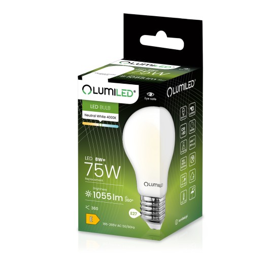 E27 A60 LED žiarovka 8W = 75W 1055lm 4000K Neutral White MILK FILAMENT
