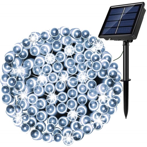 SOLÁRNE VIANOČNÉ SVETLÁ 100 LED 12m GARLAND STUDENÁ BIELA 8 FUNKCIÍ
