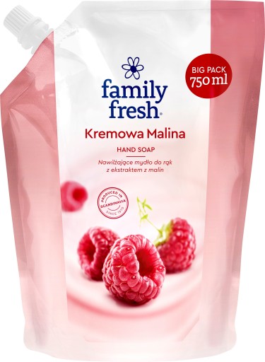 2x FAMILY FRESH Krémové malinové MYDLO NA RUKY Ľahké hydratačné 750ml NÁPLŇ