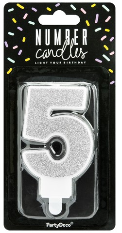 Narodeninová sviečka 5 SILVER GLITTER na tortu FIVE