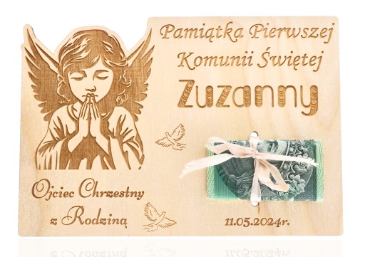 VEĽKÁ drevená darčeková poukážka na peniaze SVÄTÉ PRIJÍMANIE DIEVČA
