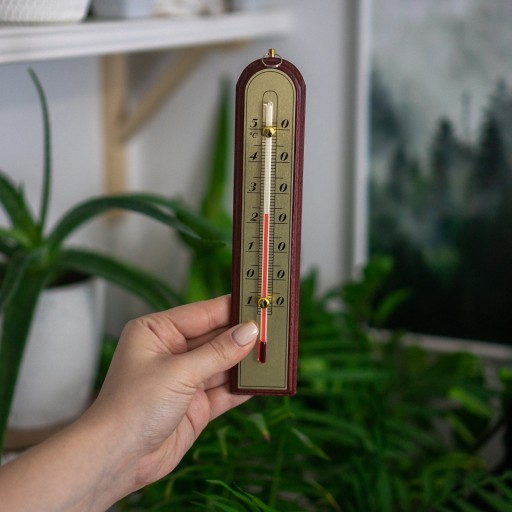 Drevený izbový teplomer, zlatá stupnica -10 až +50°C