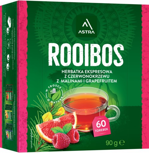 Bylinný čaj Astra Rooibos v sáčkoch, malina a grapefruit, 60 ks