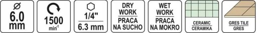 DIAMANTOVÝ VRTÁK YATO VŔTAČKA NA keramiku KERAMICKÝ ŠESTIHRANNÝ 6mm