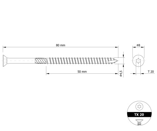 Skrutka do dreva, kužeľová Unix až Torx 4,5 x 80 mm