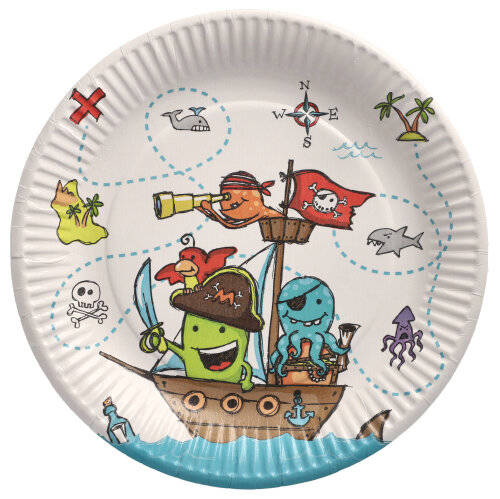 Pirátske papierové taniere k narodeninám detí, jednorazové, okrúhle, priemer 23 cm, 10x
