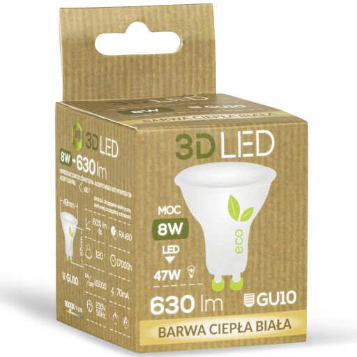 3D LED ECO 8W GU10 žiarovka do reflektora, teplá biela, 710 lm