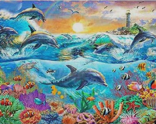 DIAMANTOVÁ VÝŠIVKA Delfíny Ocean Reef Diamantová mozaika pre deti 5D Set