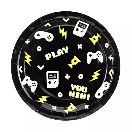 Guľaté papierové taniere Gamer, čierne, 23 cm, 6 ks