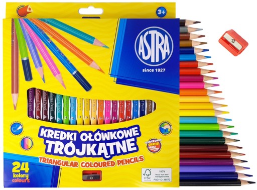 Ceruzkové pastelky trojhranné, 24 kusov, mix farieb + strúhadlo, ASTRA SET