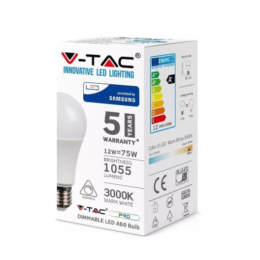 V-TAC SAMSUNG CHIP LED žiarovka 12W E27 A60 Stmievateľná VT-262D 6400K 1055lm