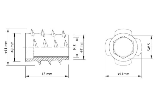 Zásuvka 10x M5x13 mm, oceľová vložka skrutkovaná do dreva