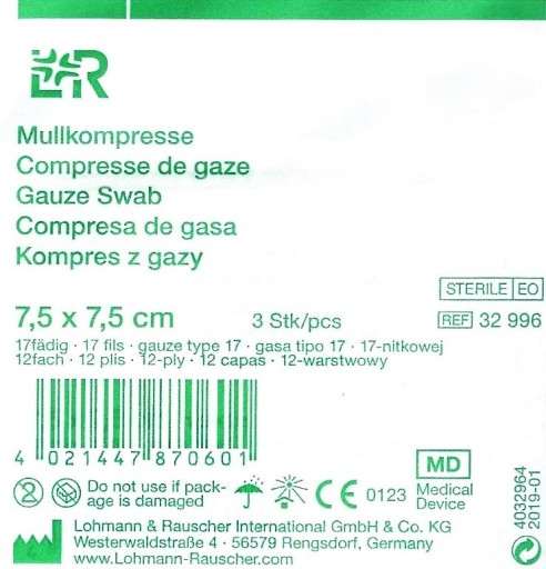 L&R - Gázový obklad 7,5x7,5cm 3ks 17n12w sterilný