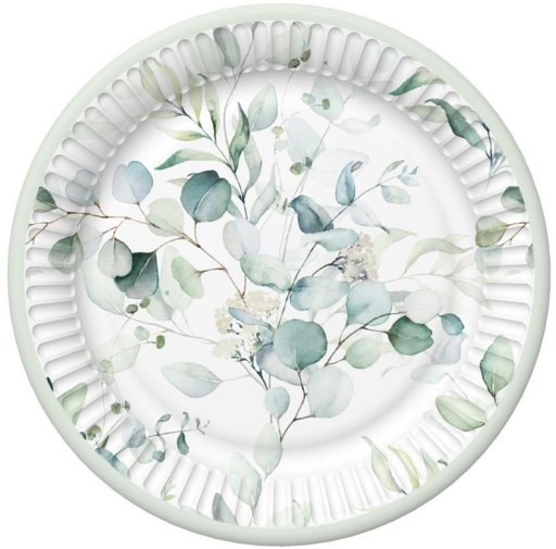 Papierové taniere EUKALIPTUS Listy Birthday Communion Boho 18cm 8 ks.