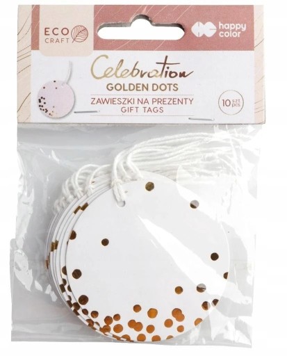 Guľaté darčekové menovky Golden Dots, 10 ks, so šnúrkou Happy Color