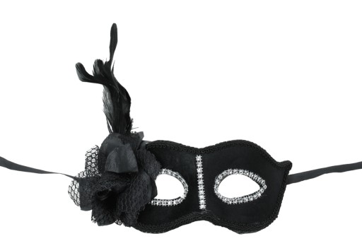 Čierna benátska maska zdobená perím na karneval