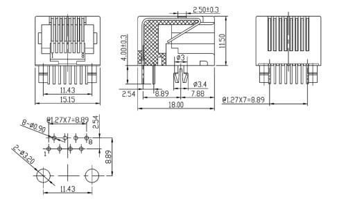 RJ45/8P8C UTP netienená zásuvka pre tlač PCB